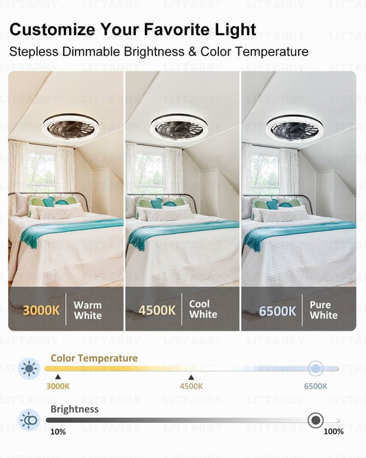 Black Ceiling Fan With Lights Remote Dimmable 3000K to 6500K Flush Mount