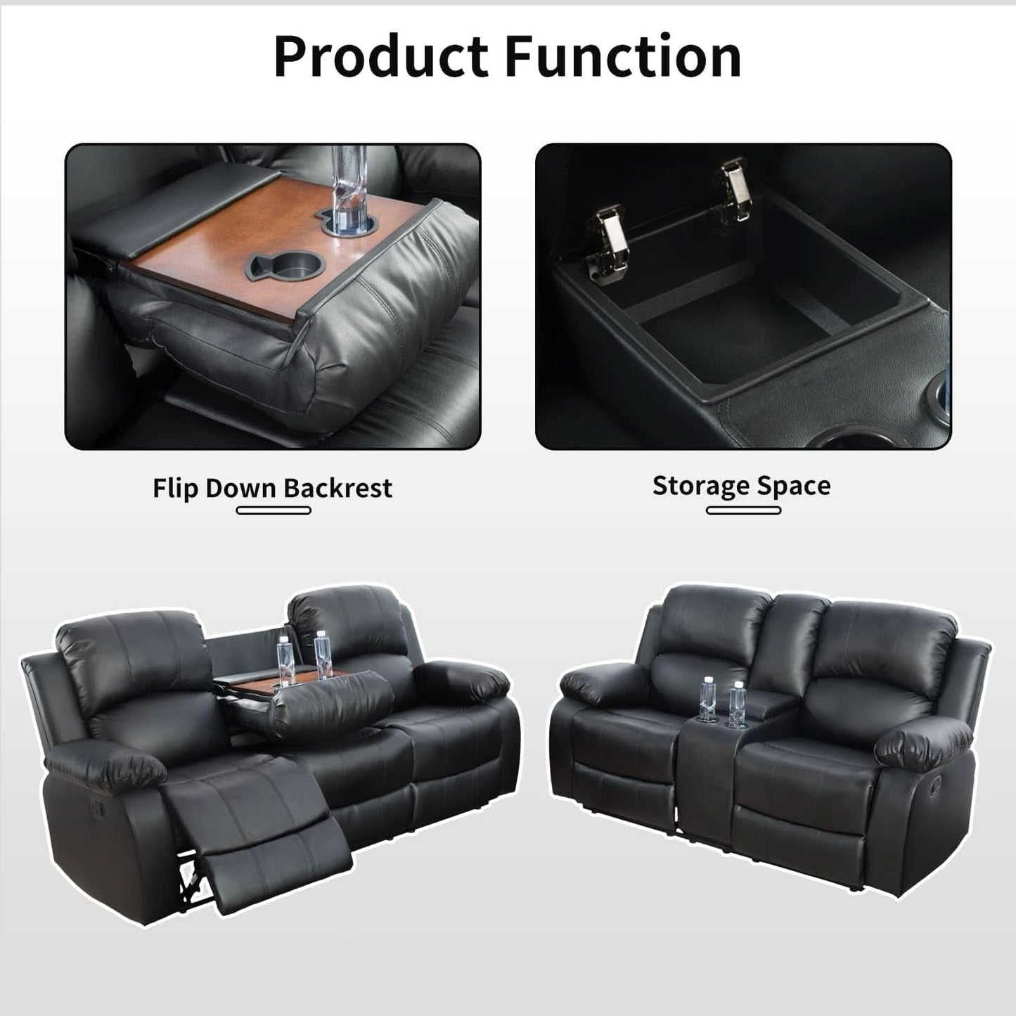 Black Recliner Sofa Set For Living Room Theater Seating