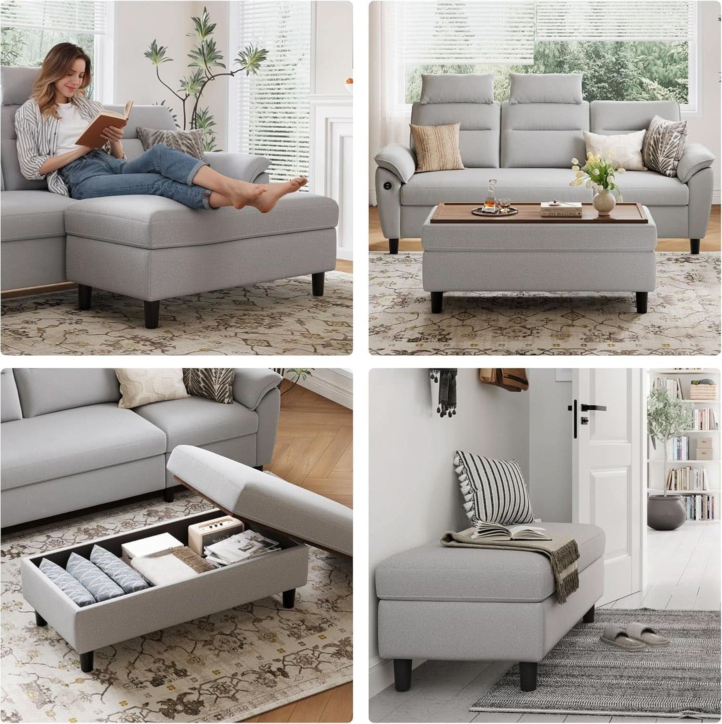 FortySixInch Grey Storage Ottoman Bench Upholstered Linen