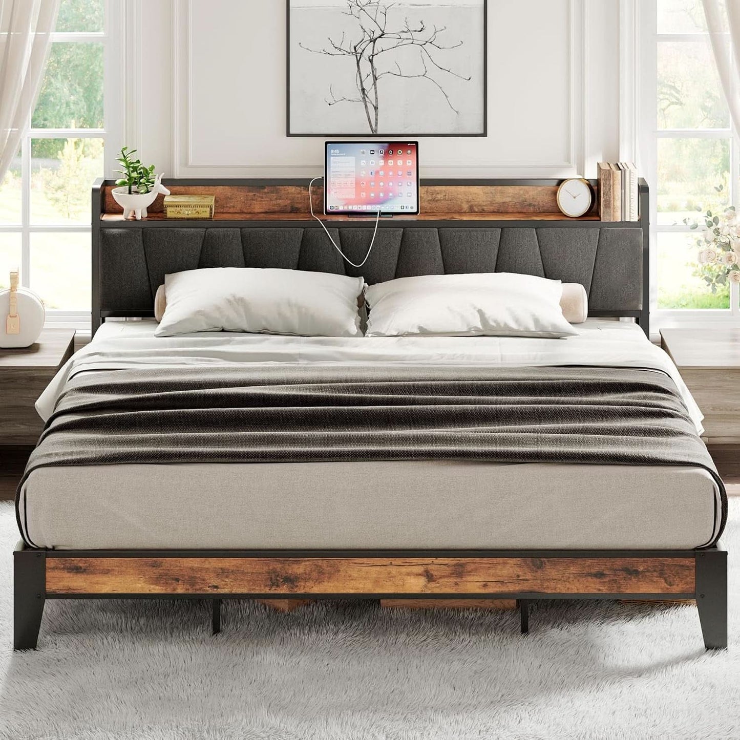 King Size Bed Frame With Storage Headboard And USB Charging Ports
