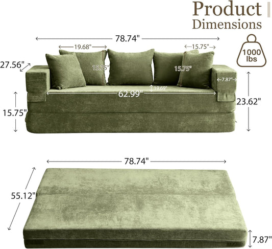 Green 79Inch Convertible Sleeper Couch With Pillows