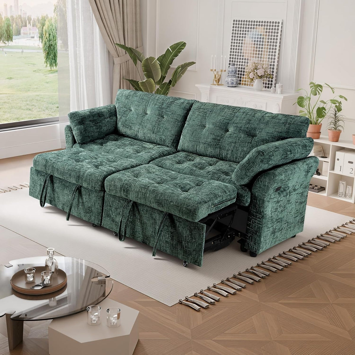Green 3-Seater Modular Convertible Sleeper Sofa USB