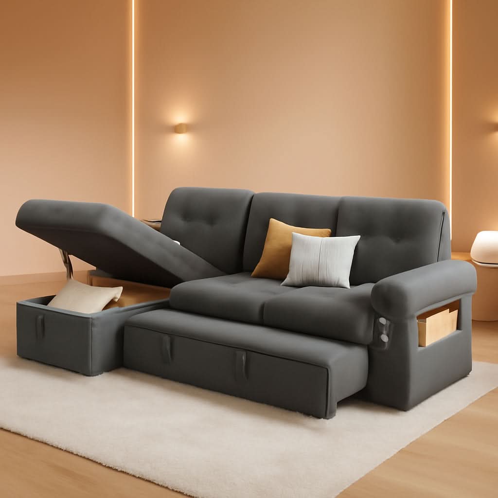 84 Inch Sleeper Sofa Bed Dark Grey Velvet With LED Storage