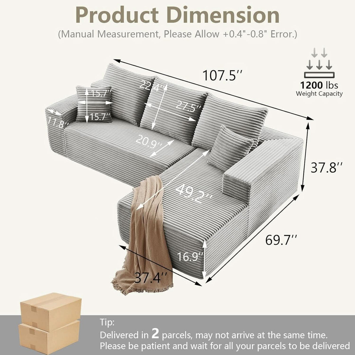 107 Inch Grey Corduroy L Shaped Modular Sleeper Sofa