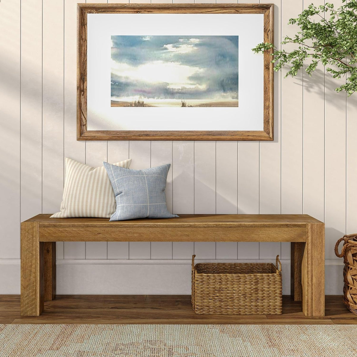58 Inch Farmhouse Dining Bench Rustic Honey Solid Wood