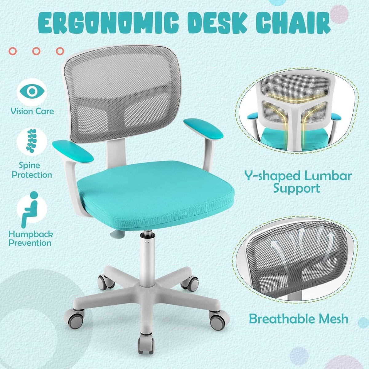 Ergonomic Kids Desk Chair With Lumbar Support Cyan