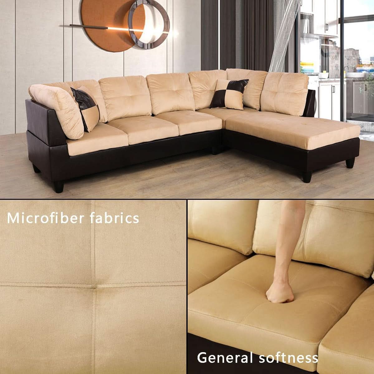 2 Piece L Shaped Sectional Sofa Set Beige Microfiber Right Hand Facing Ideal For Living Room-3