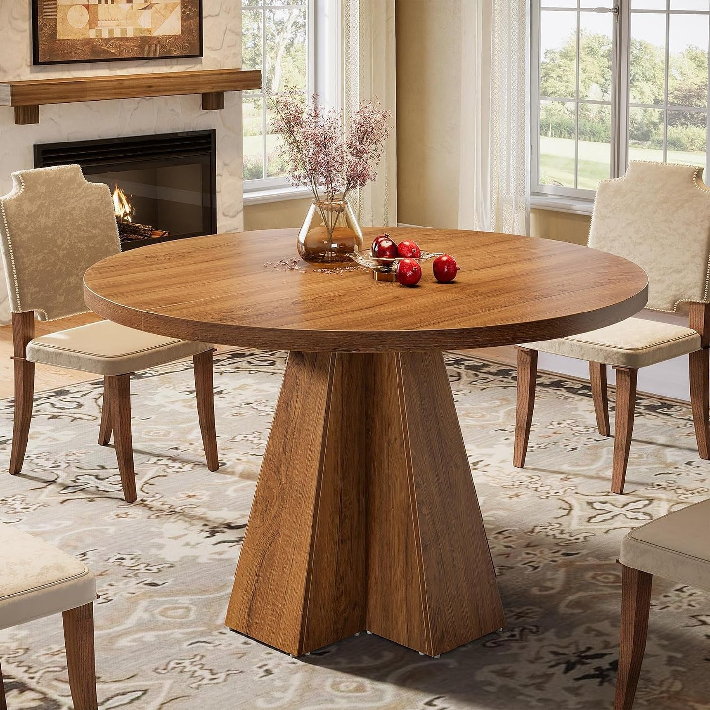 Tribesigns Large Round Dining Table Classic Walnut