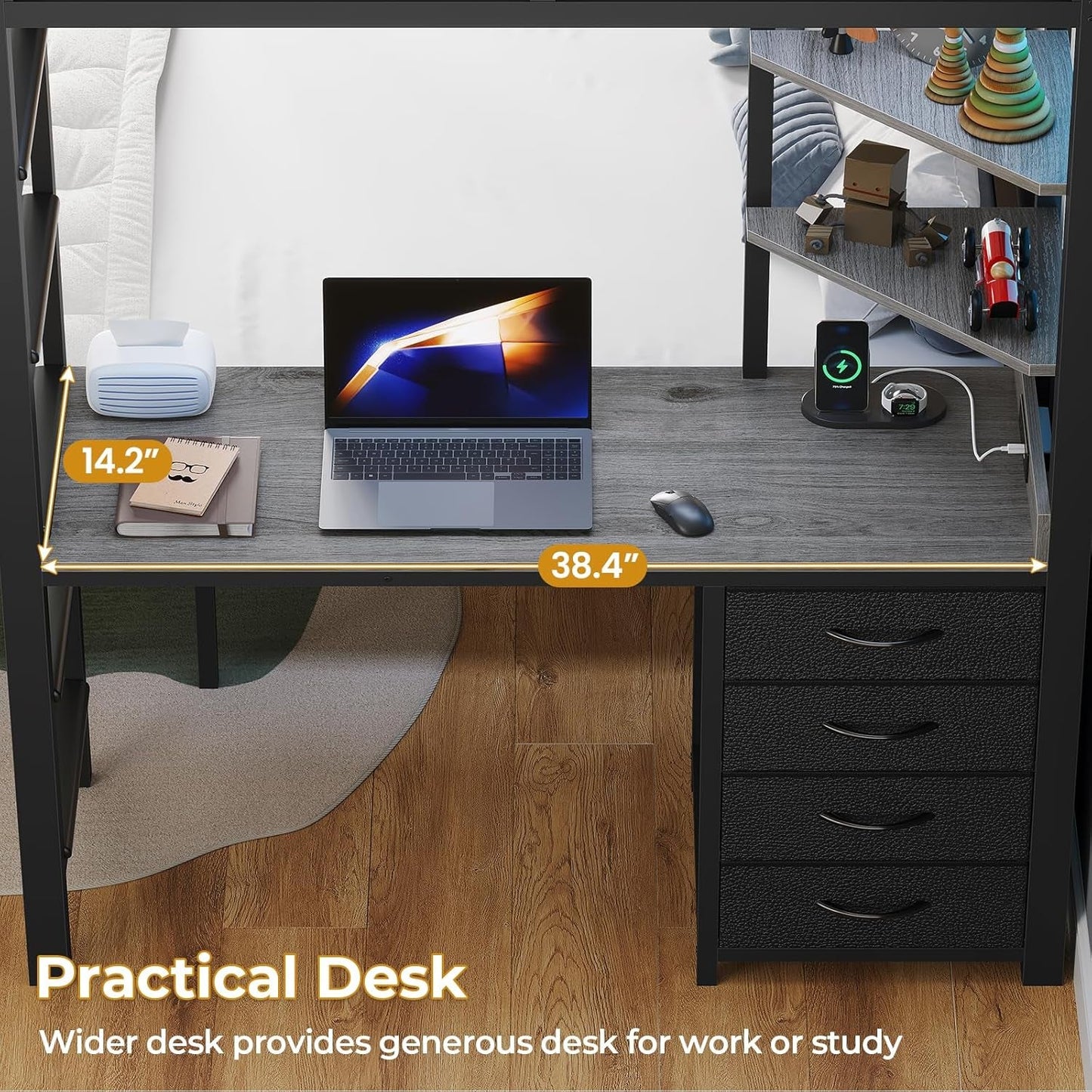 Twin Over Full Bunk Bed With Desk Charging Station Led Lights Grey