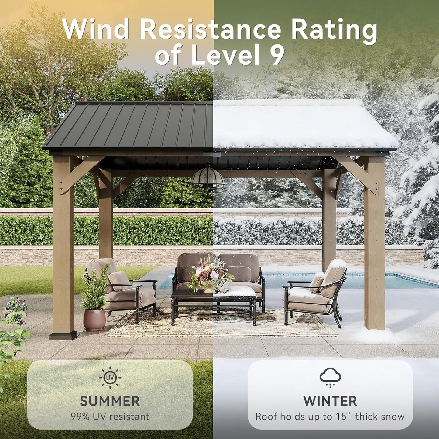 10x12 Outdoor Wooden Gazebo With Weatherproof Roof