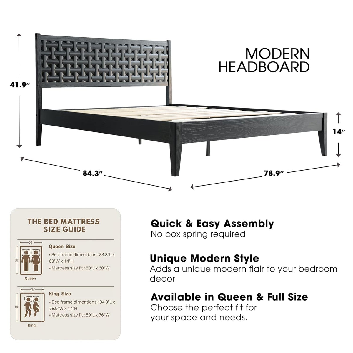 King Size Platform Bed Ebony Solid Wood Construction