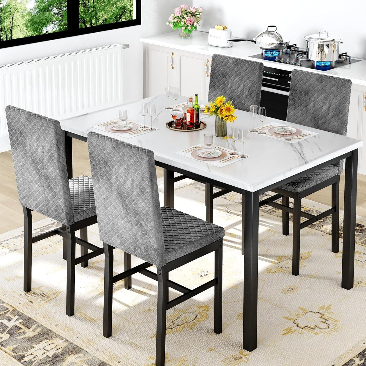 Slate Grey Marble Table top Five Piece Dining Set Premium