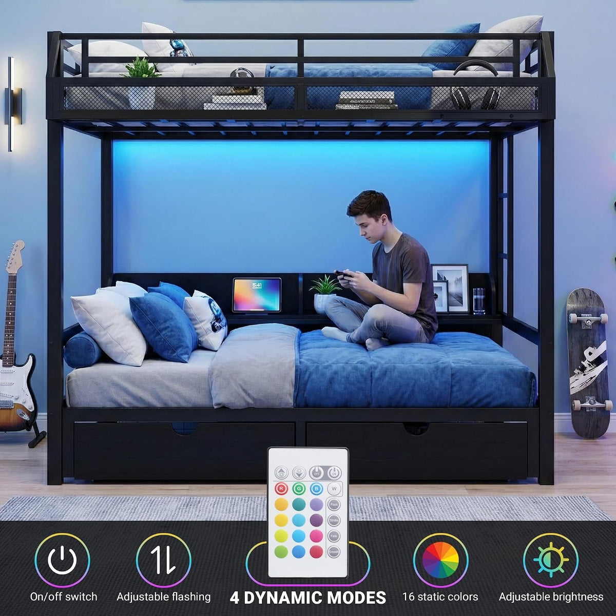 Queen Over Queen Bunk Bed With Integrated Storage Drawers