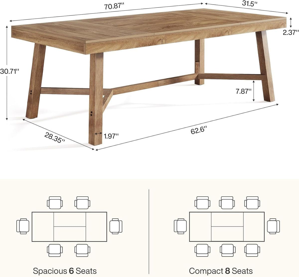 70.9 Inch Farmhouse Dining Table Natural Reinforced