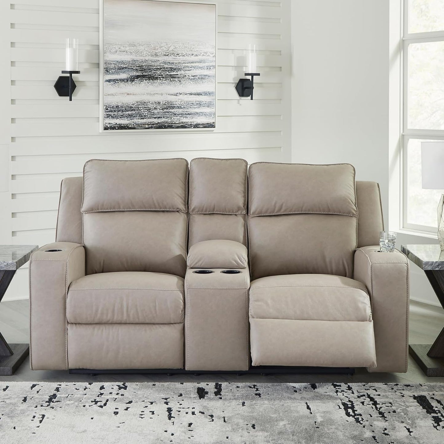 Manual Reclining Faux Leather Loveseat Beige Cupholders