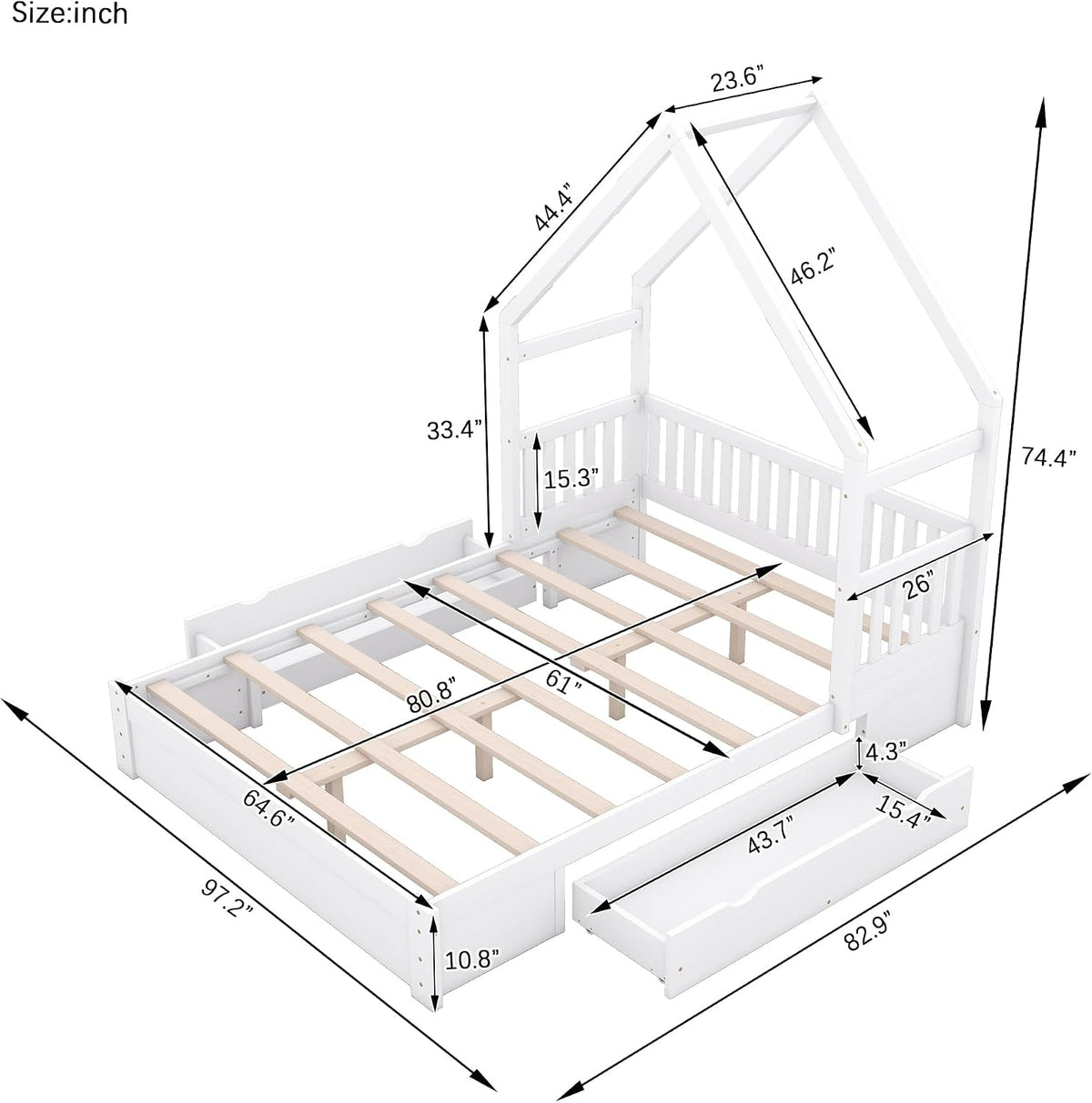 Queen Size Kids House Bed Frame With Under Bed Storage Drawers