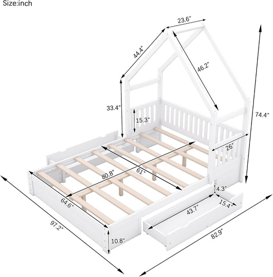 Queen Size Kids House Bed Frame With Under Bed Storage Drawers