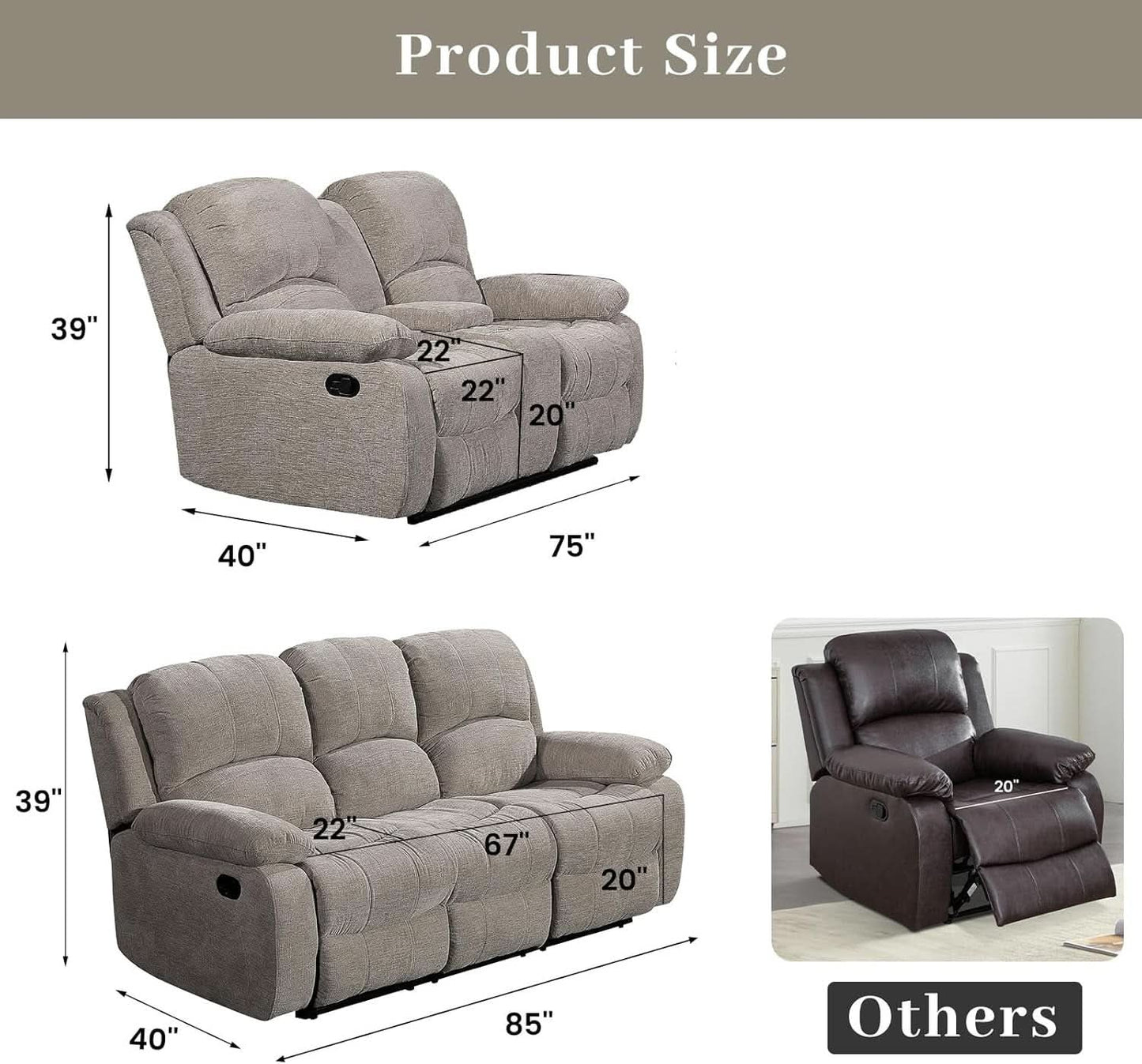 Light Grey Microfiber Reclining Sofa Set Cupholder