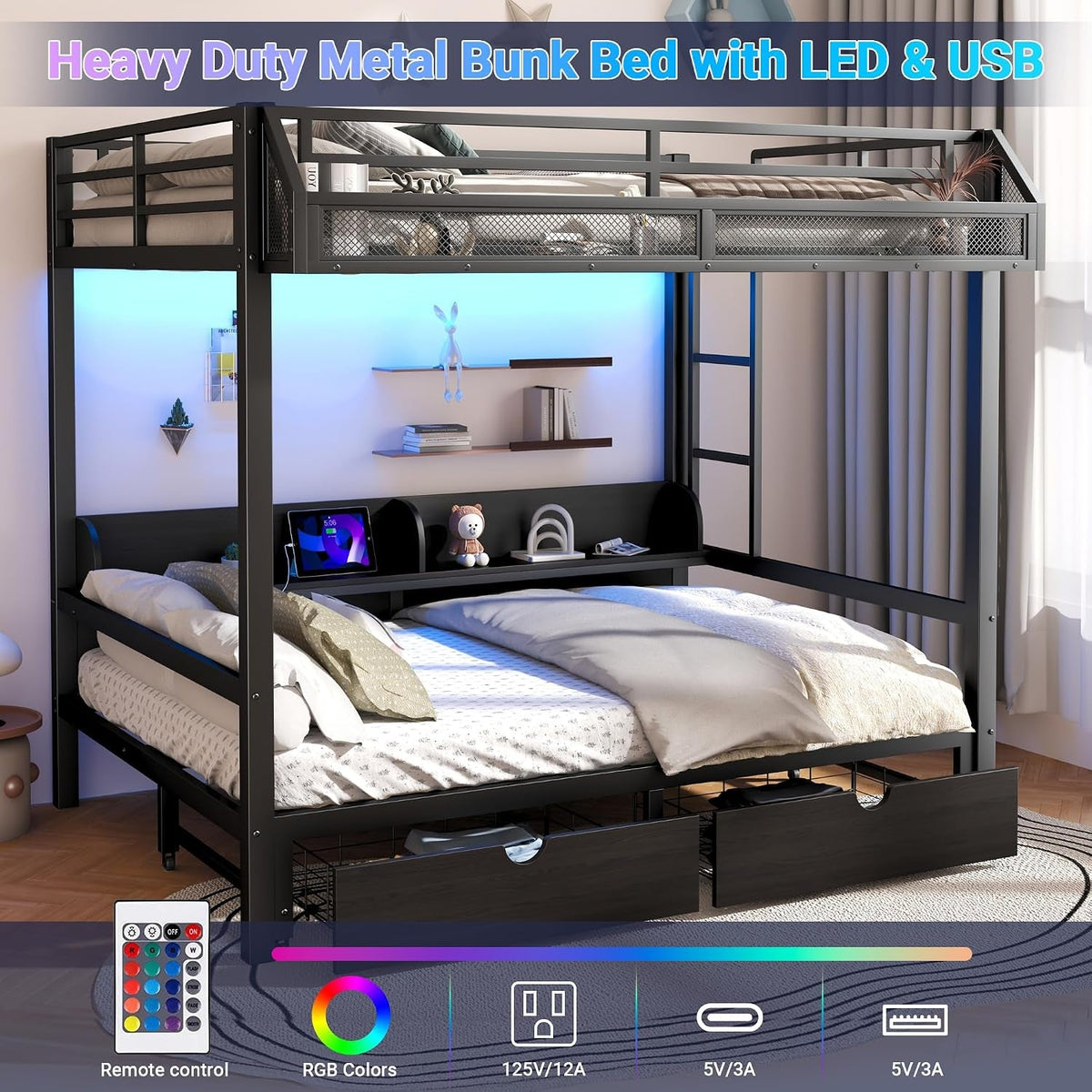 Queen Over Queen Metal Bunk Bed USB Charging Ports And LED