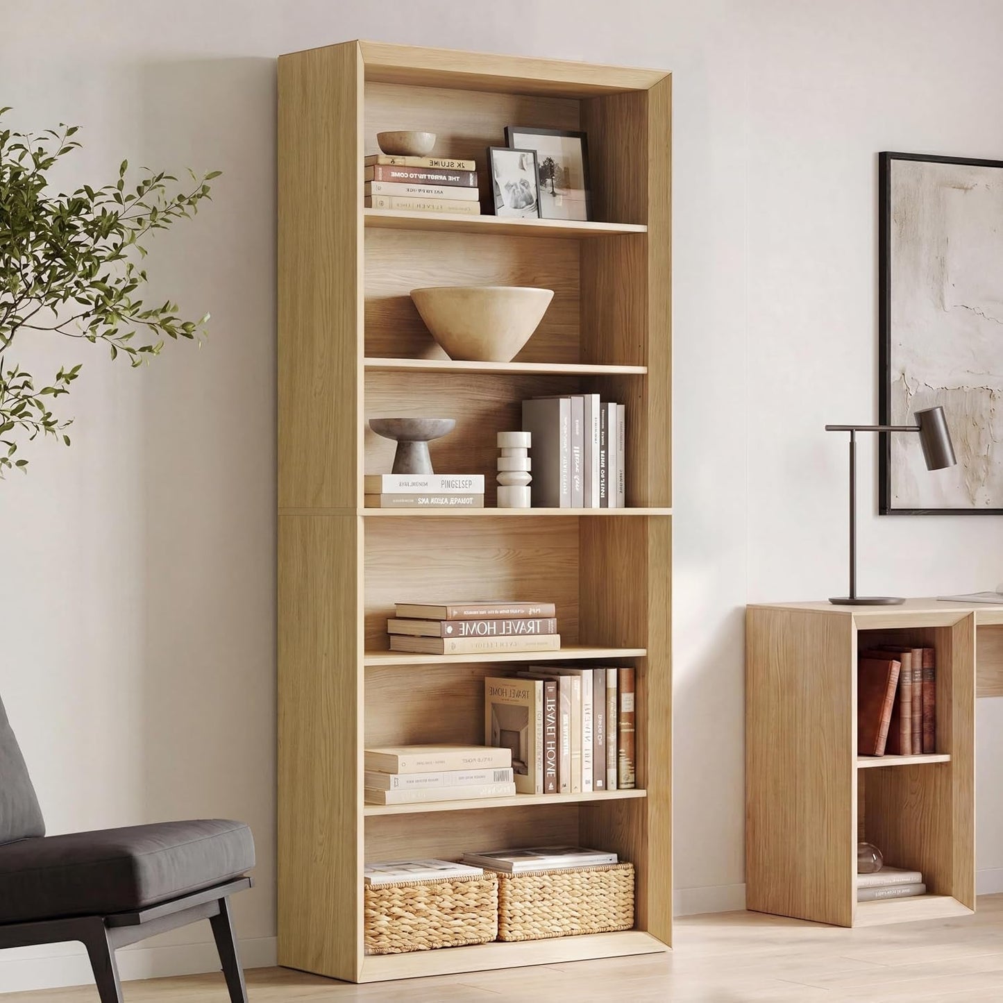 72 Inch Natural Wood Adjustable Freestanding Bookcase