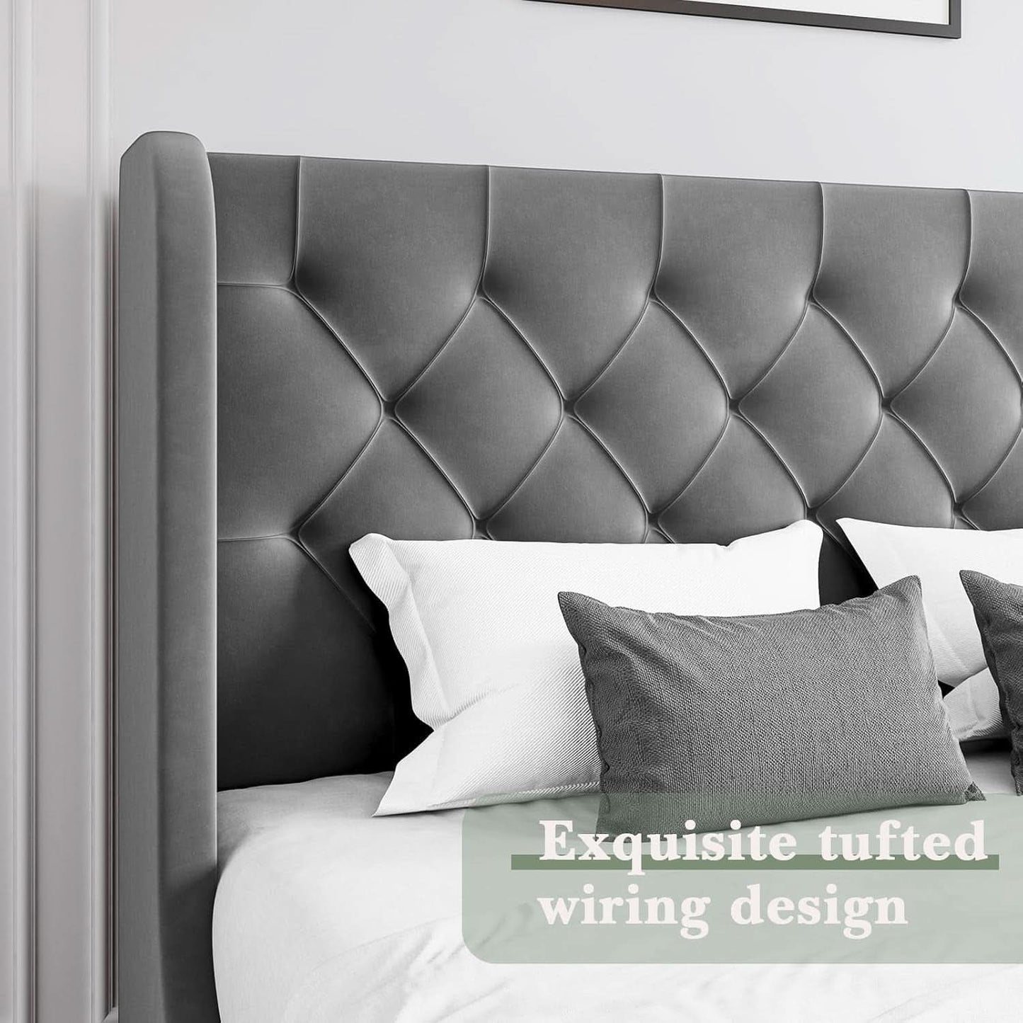 Grey VelvetLux Upholstered King Bed Frame Wing back