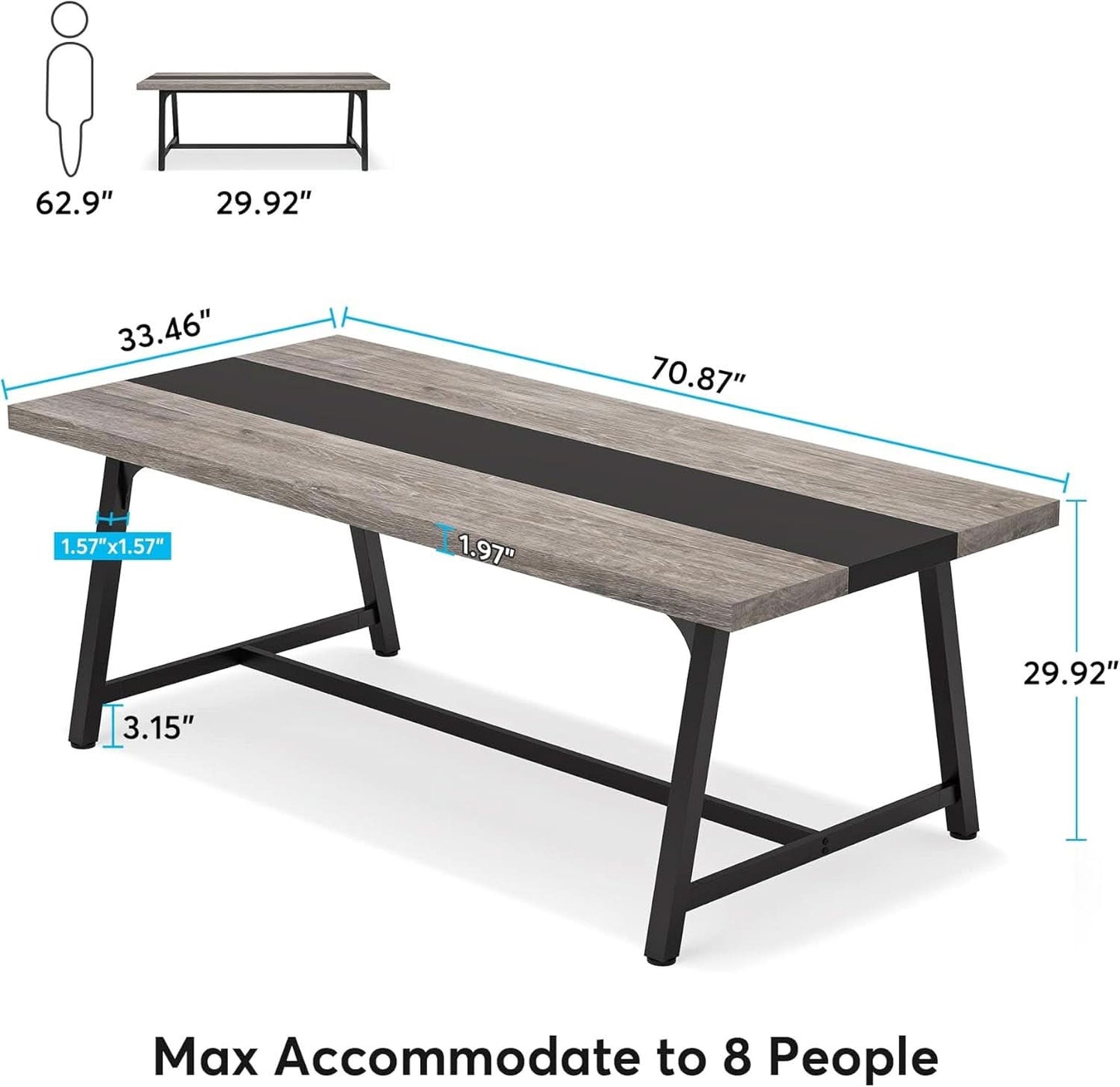 70.87 Inch Dining Table For 8 With Metal Frame In Gray