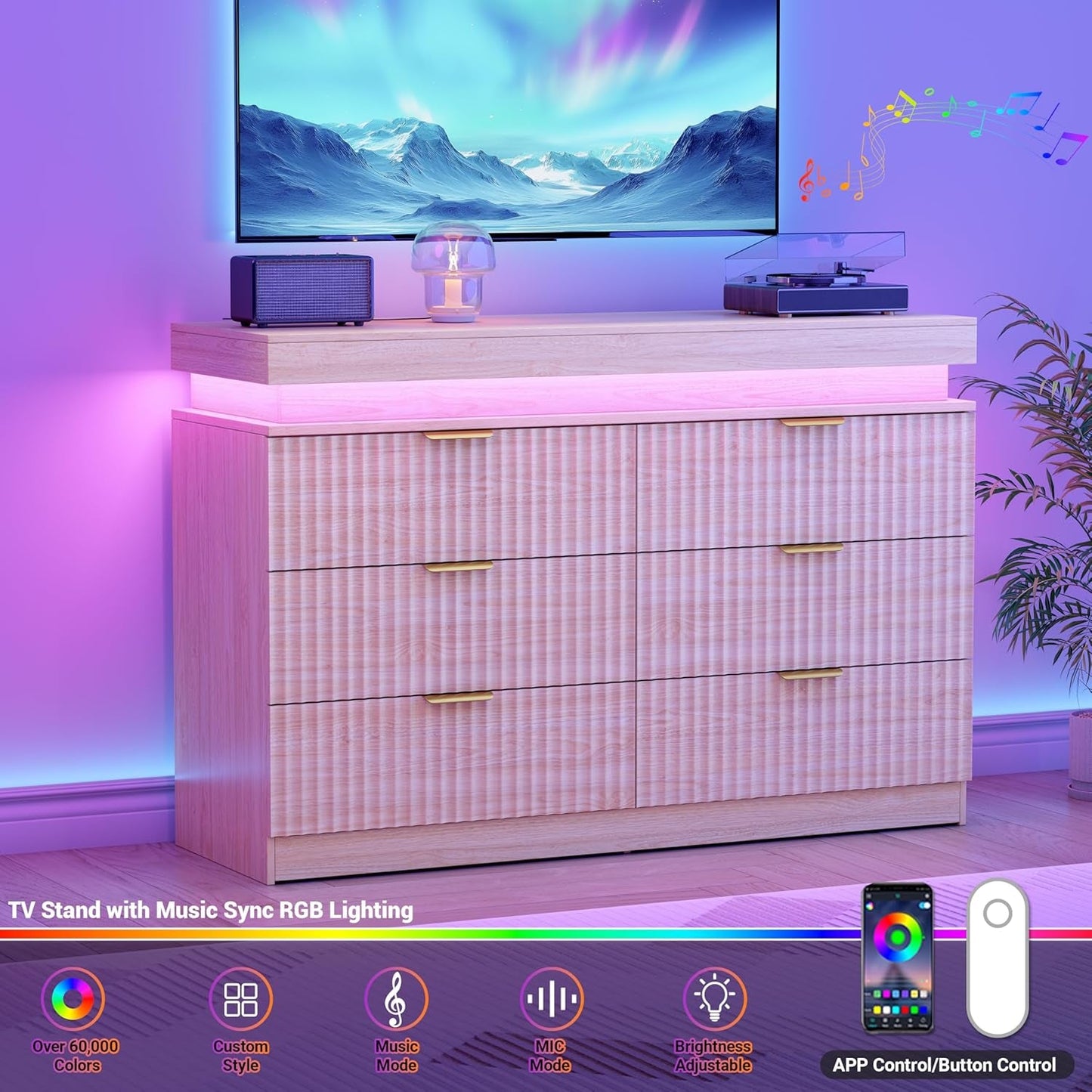 Oak Dresser Six Drawer With Integrated RGB LED Illumination