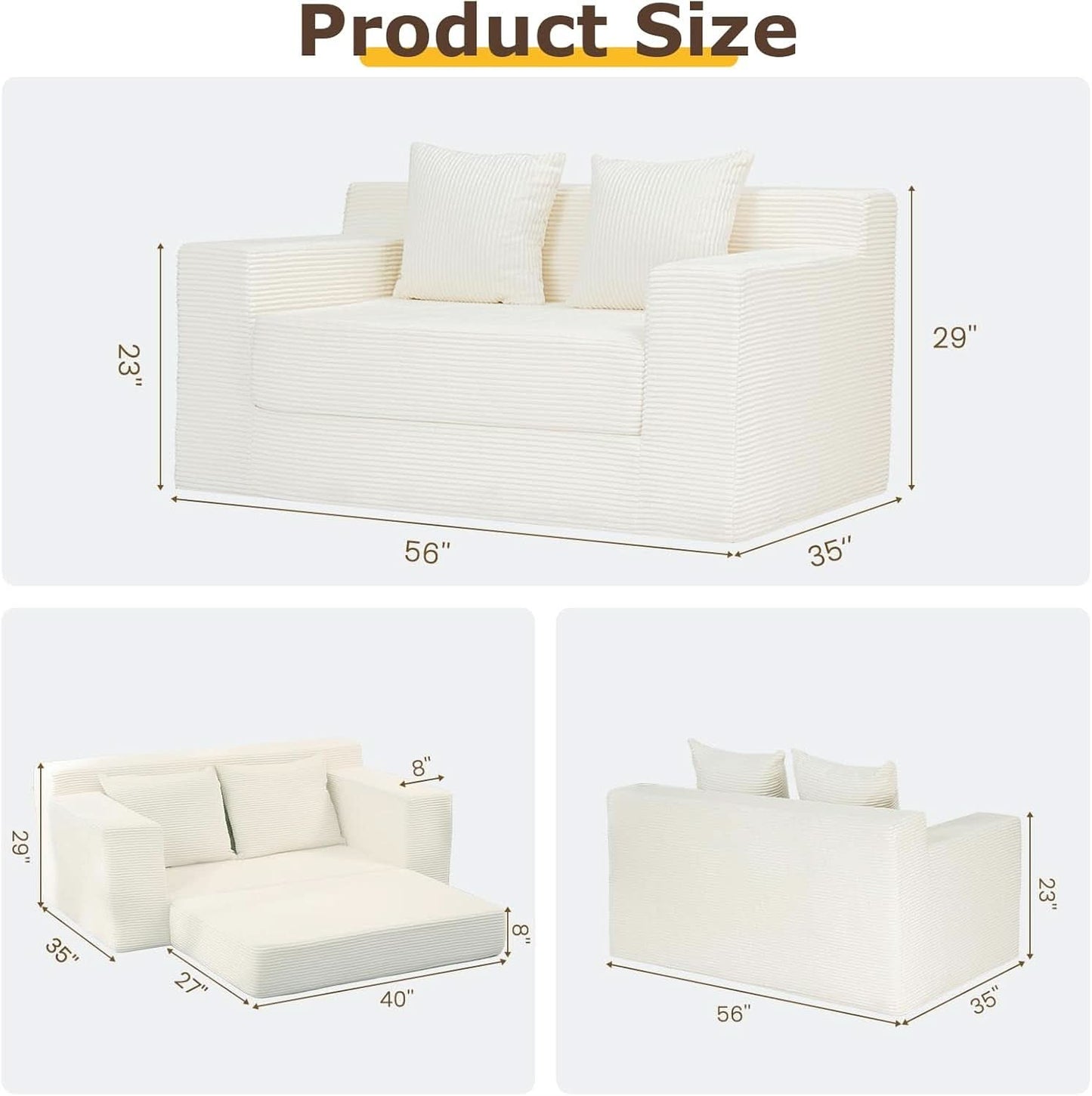 Corduroy Convertible Sofa Bed Three In One BeigeTone Sleeper