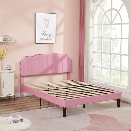 Queen Velvet Upholstered Platform Bed Frame Nailhead