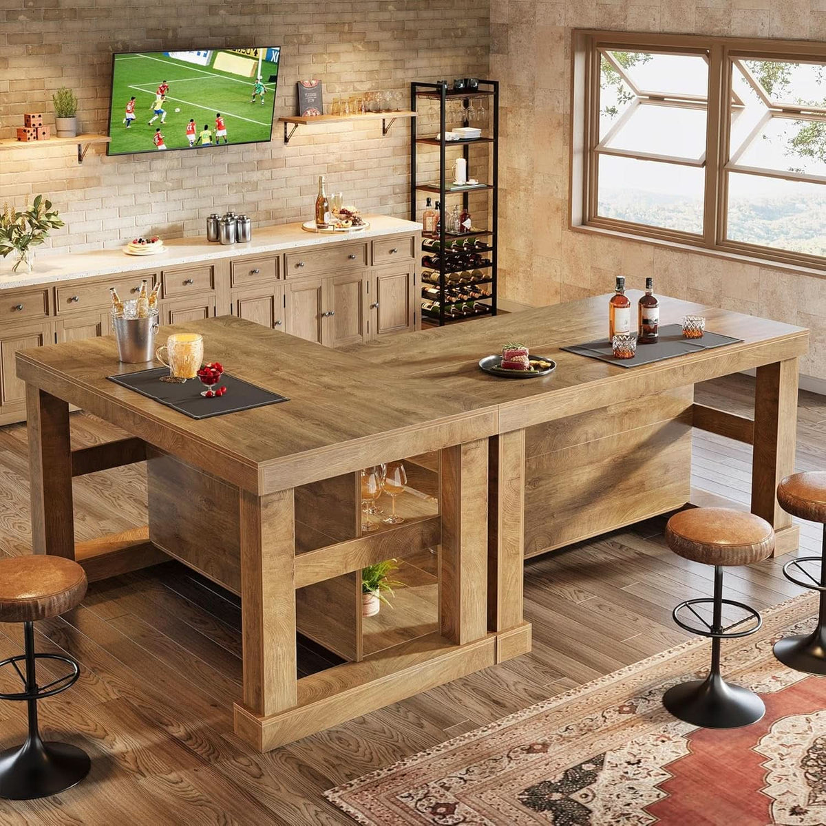 Bar Table, 55-Inch Counter Height Pub Table with Storage Shelves, High Top Kitchen Dining Table, Rectangle Wood Home Bar Unit for Dining Room, Bistro, Rustic Brown