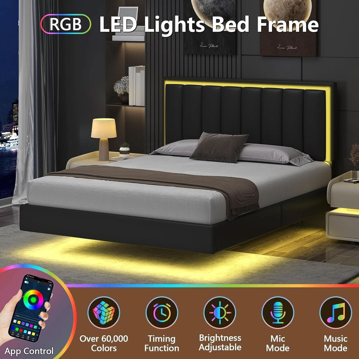 Floating Full Bed Frame with LED Lights and Head board, Black