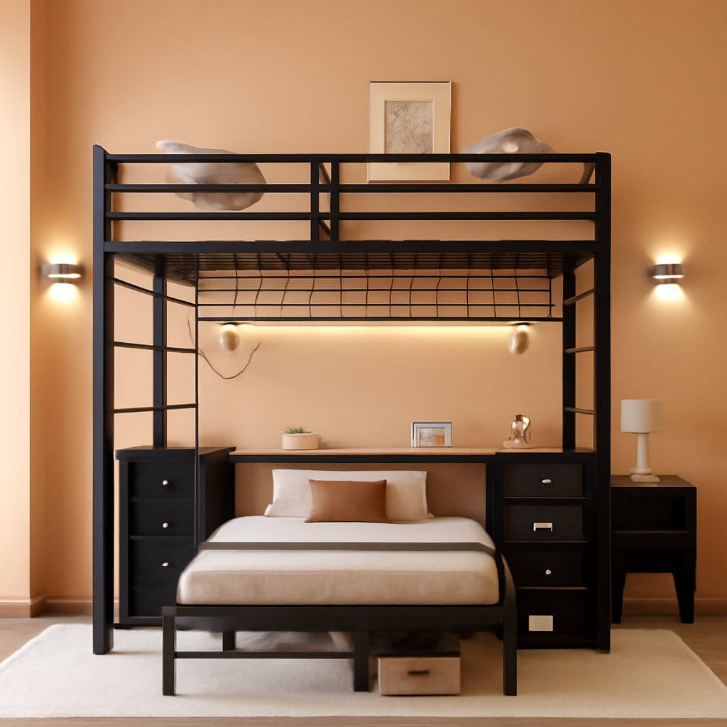 Black Industrial Twin Bunk Bed Desk BuiltIn Storage Drawers