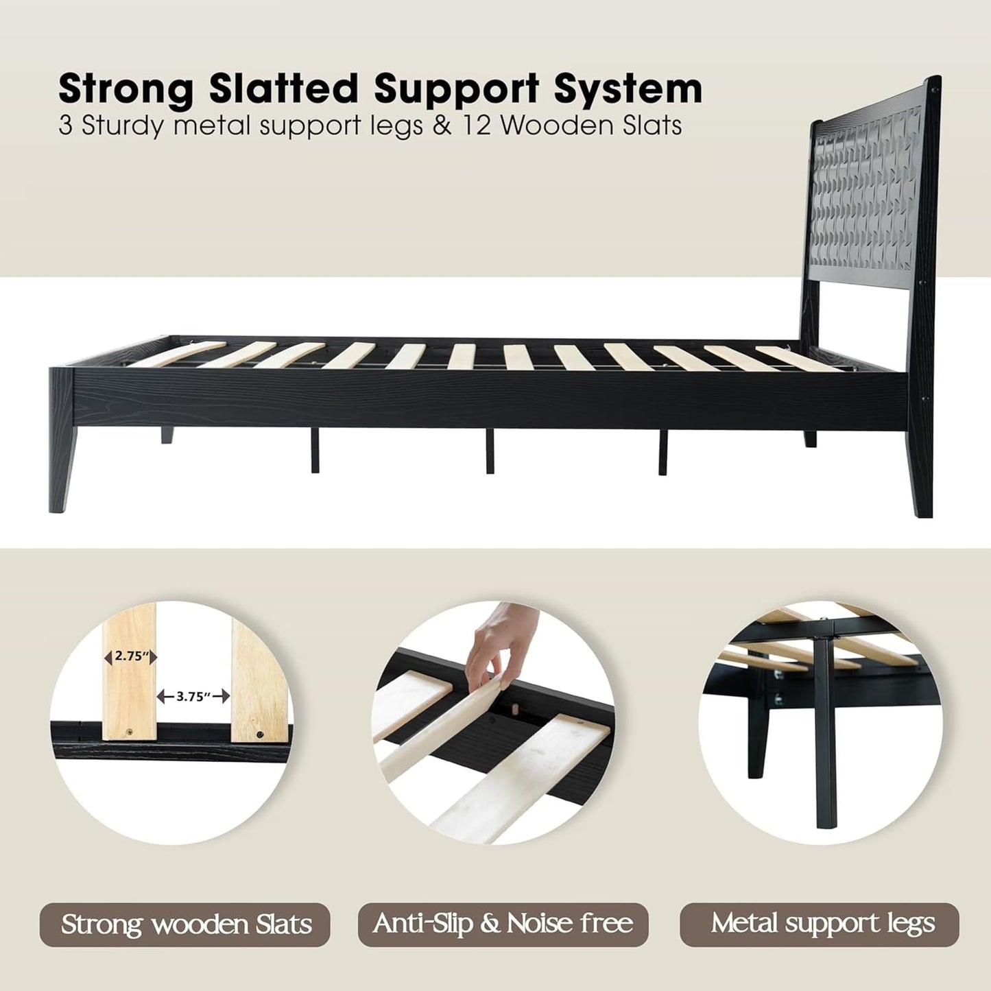 King Size Platform Bed Ebony Solid Wood Construction