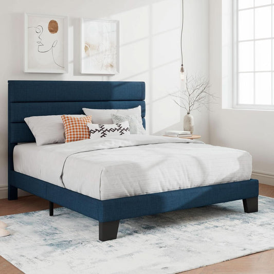 Full Platform Bed Frame Blue Upholstered Headboard