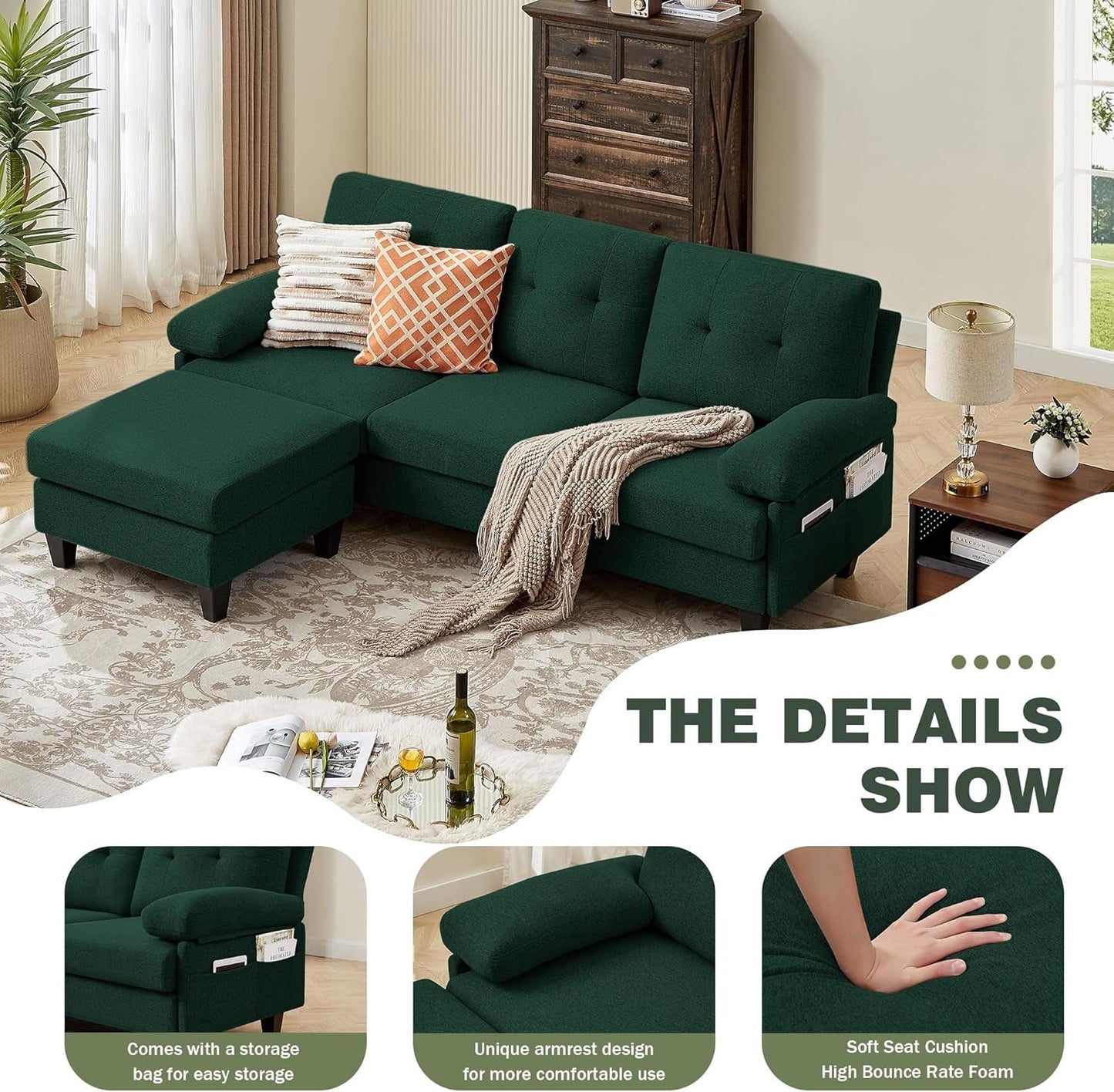 Eighty Six Inch Green Sectional Sofa Living Room Set