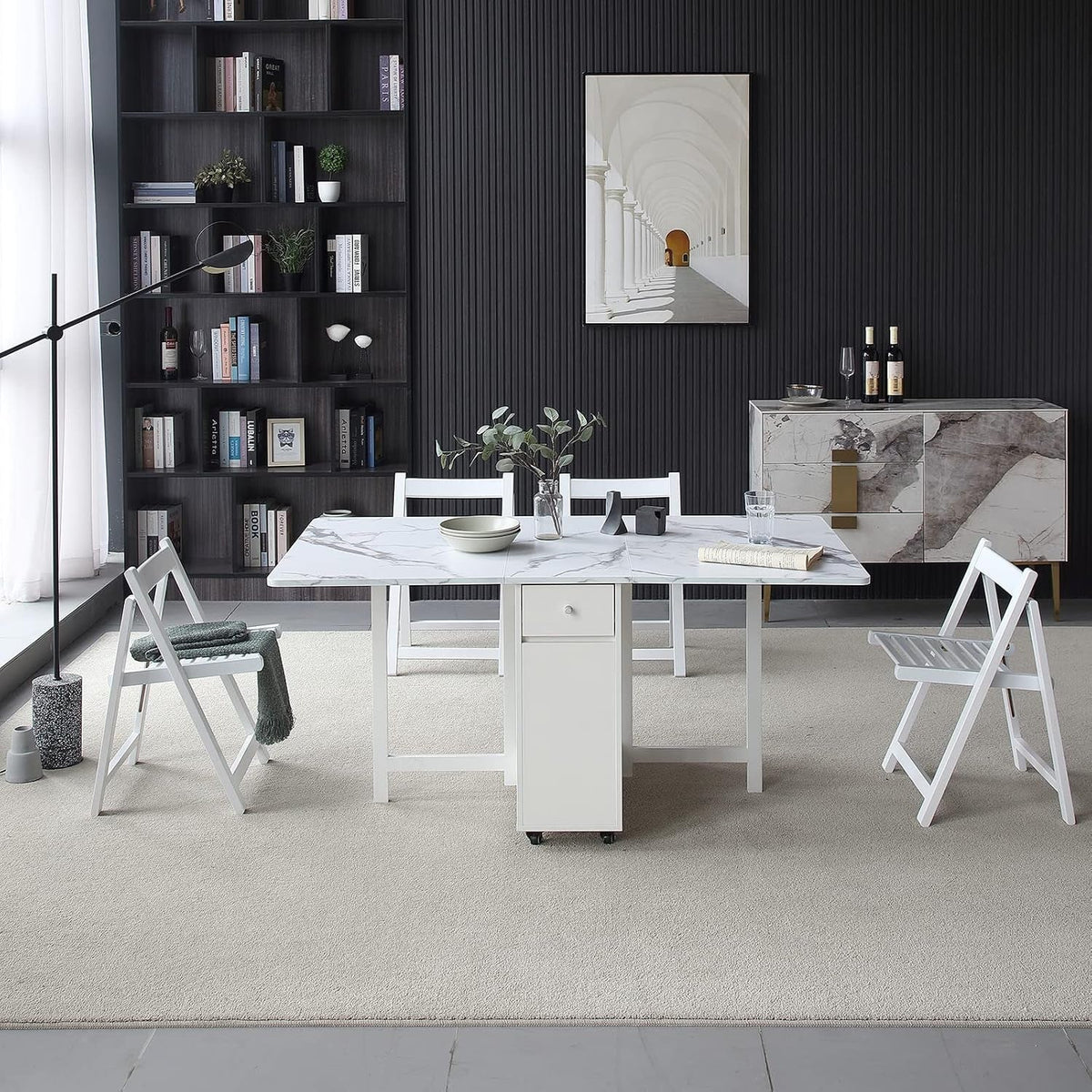 White Folding Extendable Dining Table Marble Storage