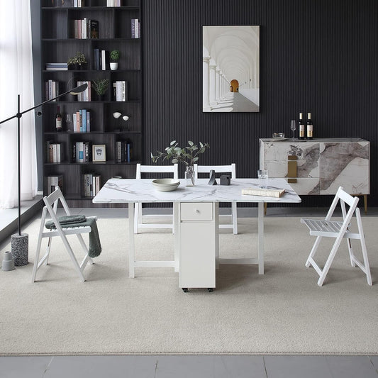 White Folding Extendable Dining Table Marble Storage