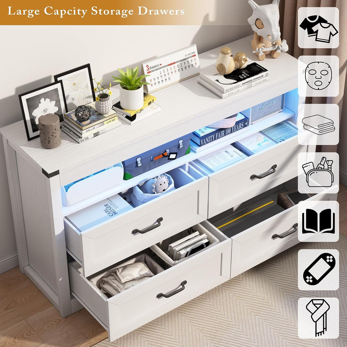 White Contemporary Wooden Dresser With LED Lighting