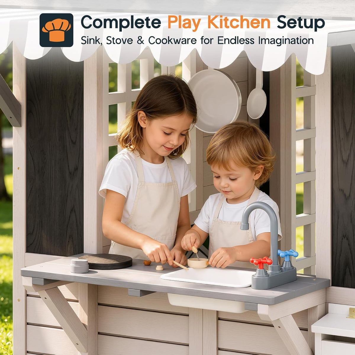Large Wooden Outdoor Playhouse With Kitchen Features