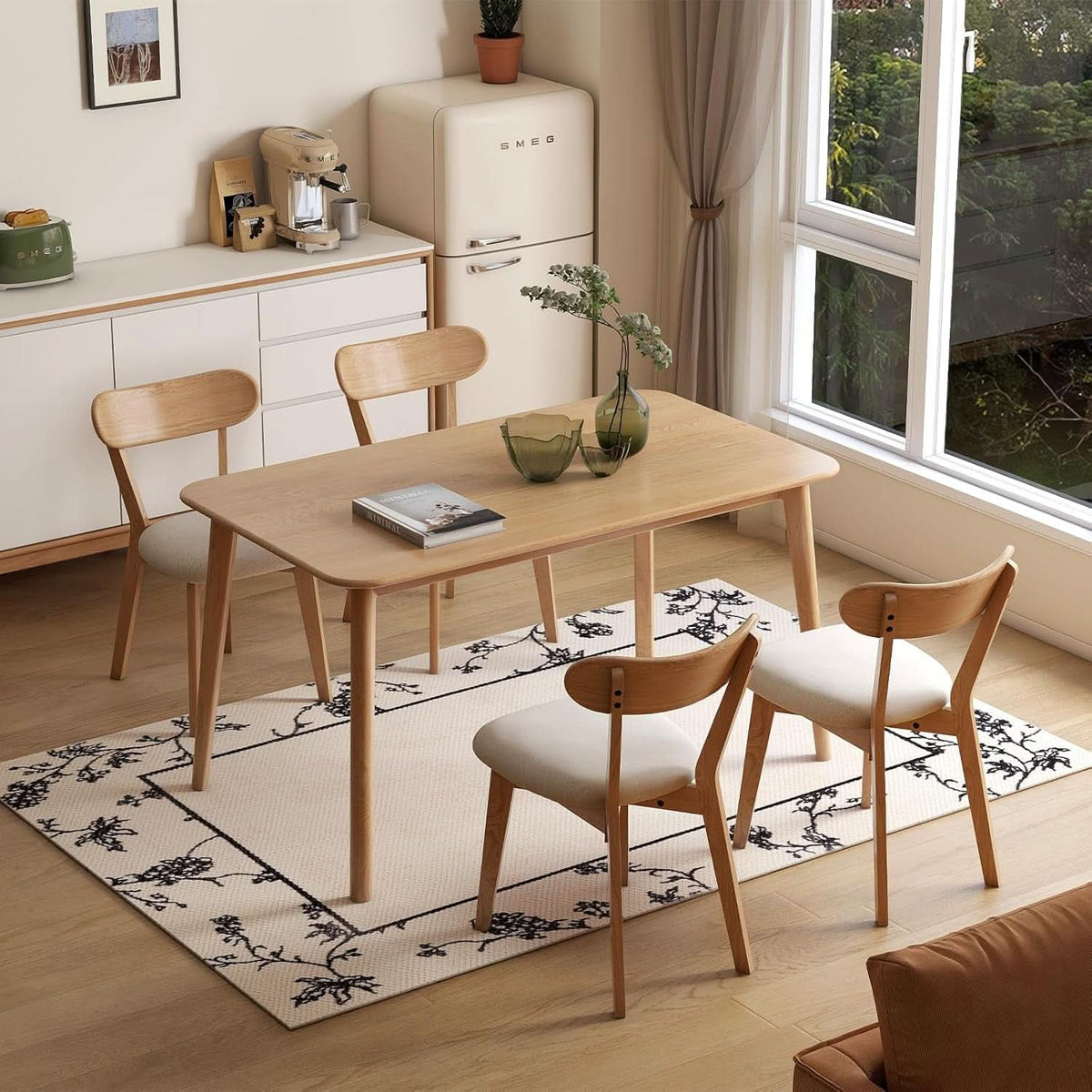Solid Wood Oak Dining Chairs Beige Cushions