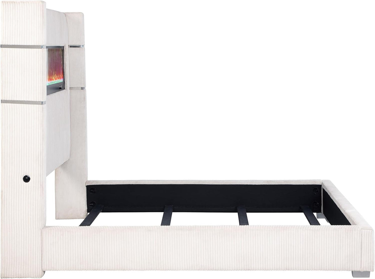 Queen Bed Cream Upholstered High Headboard Textured