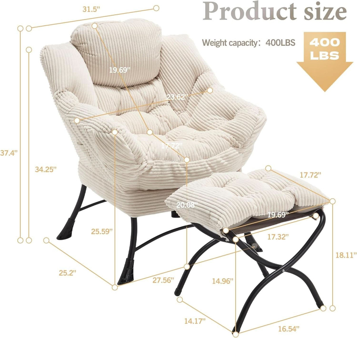White Ergonomic Contemporary Lounge Chair With Ottoman