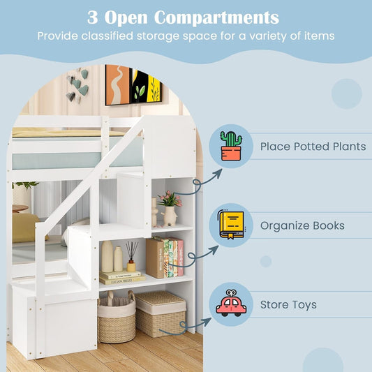 White Solid Wood Twin Over Full Bunk Bed Stairs GuardRails