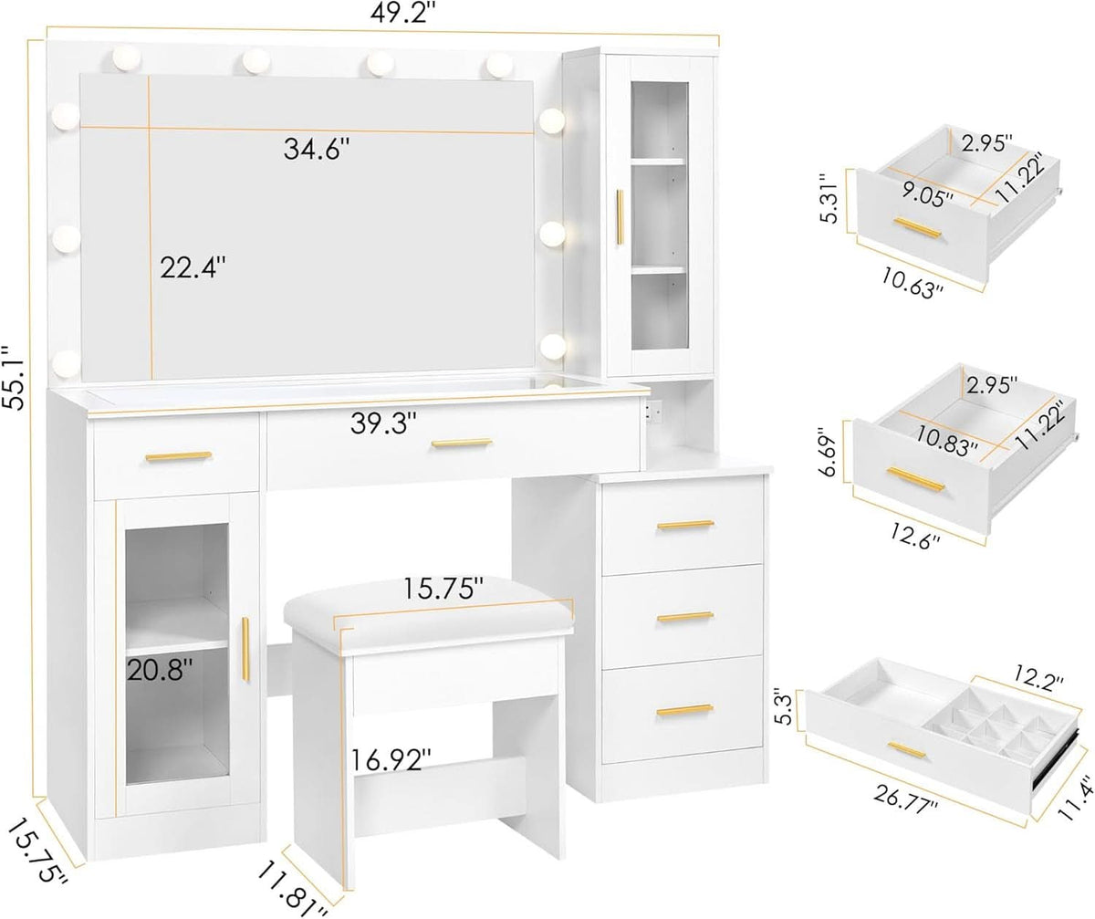 White 49.2 Inches Contemporary Vanity Desk Illuminated