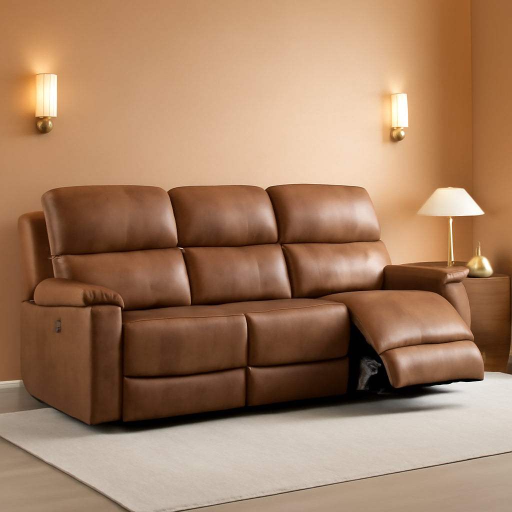 Brown Faux Leather Manual Reclining Overstuffed Sofa