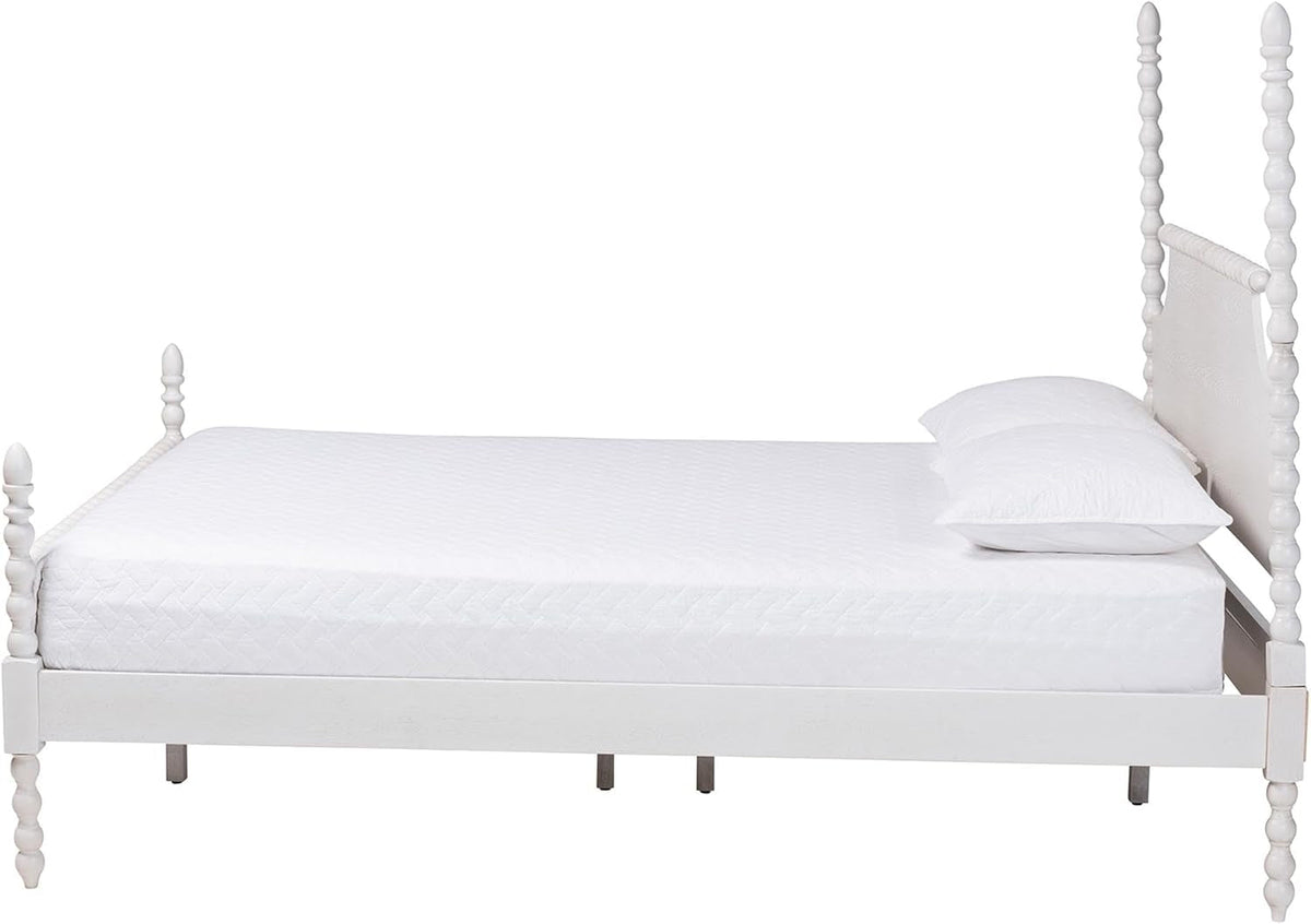 Four-Poster Platform Bed White Queen Spindle Posts-3