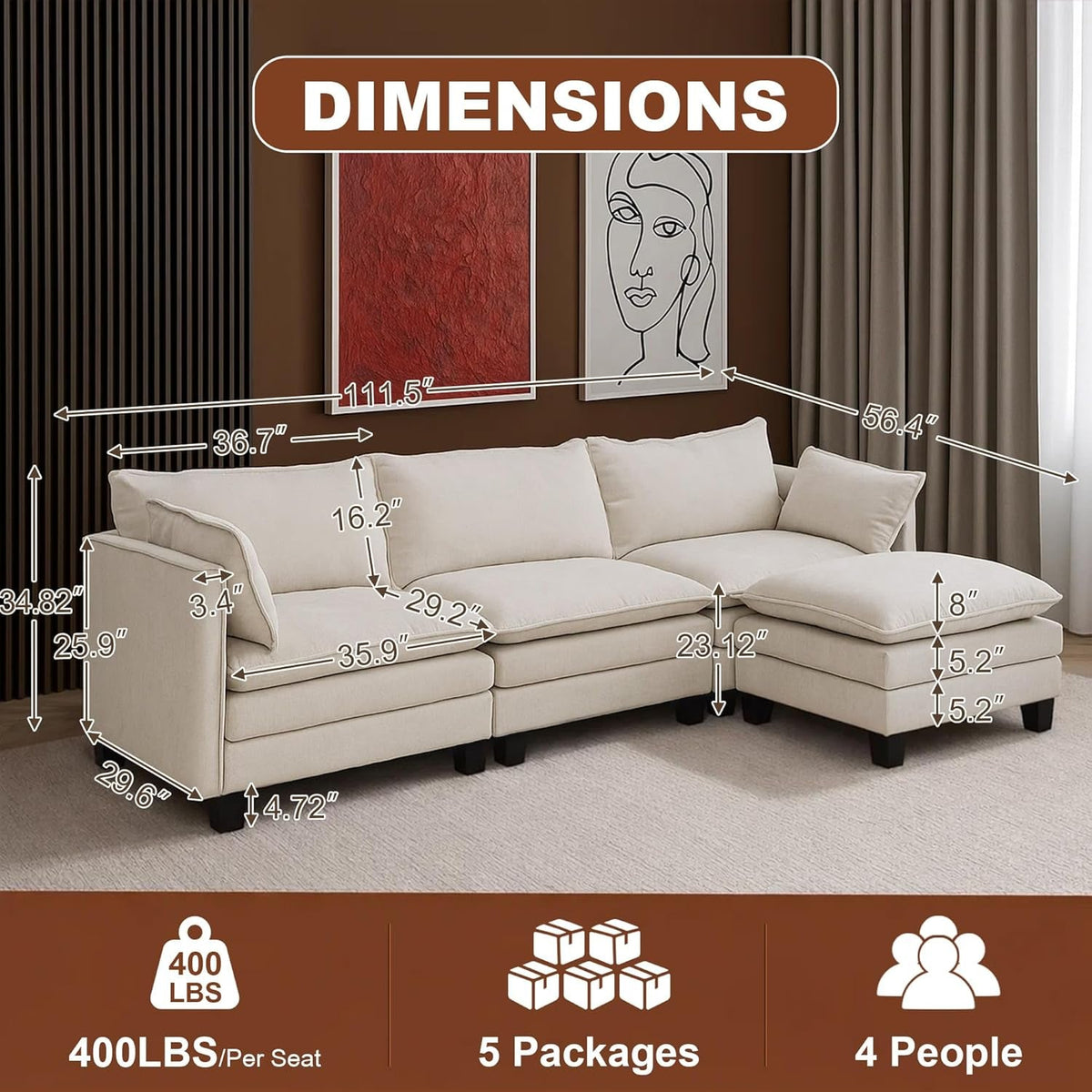 111Inch Modular Sectional Sofa Beige Upholstered Cushions-1