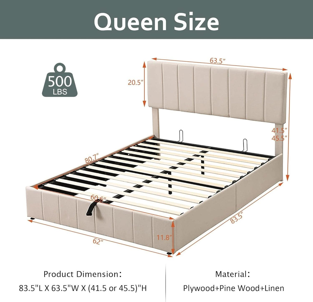 Gas Lift Storage Platform Bedframe Queen Upholstered
