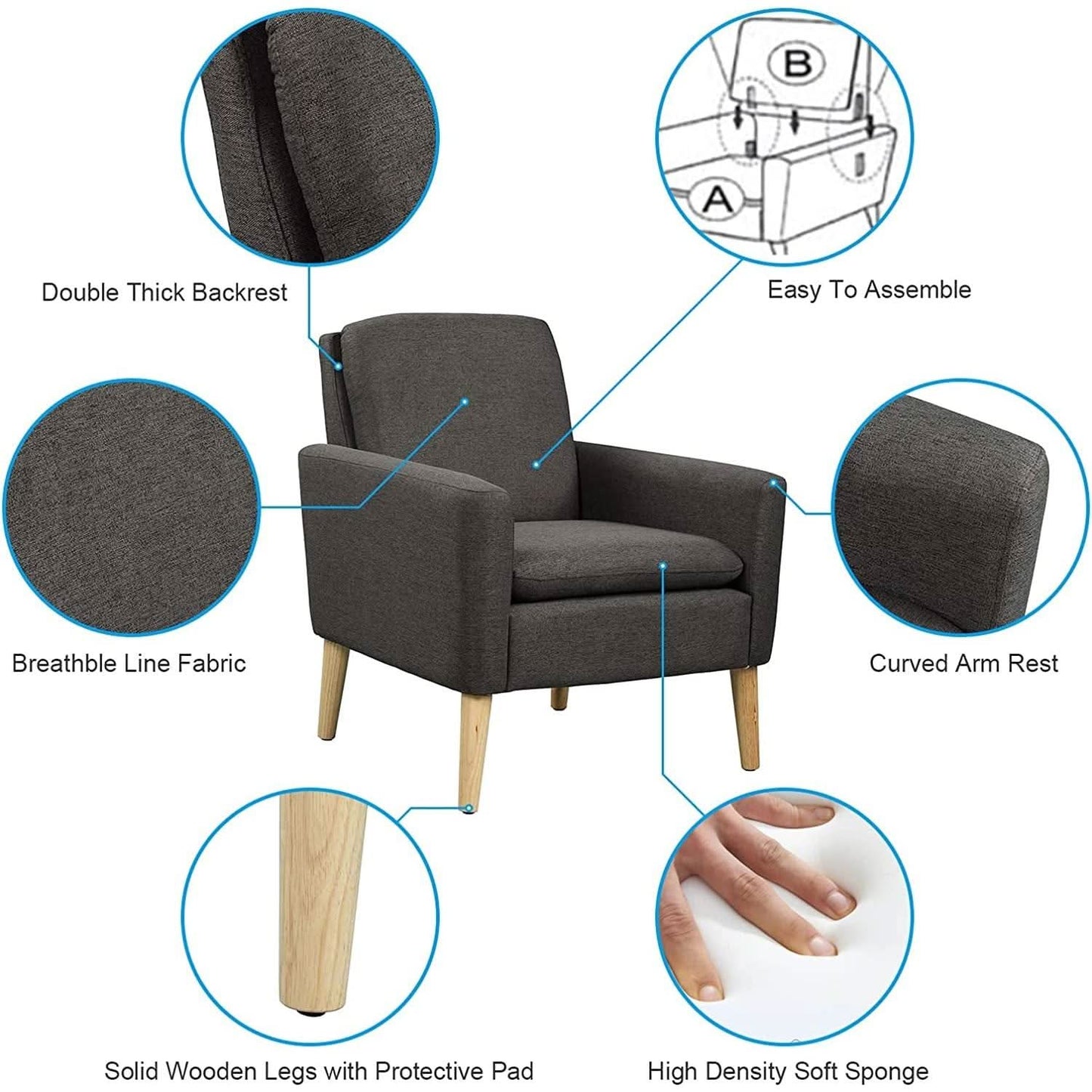 Black Modern Accent Armchair With Ergonomic Deep Seat For Living Room