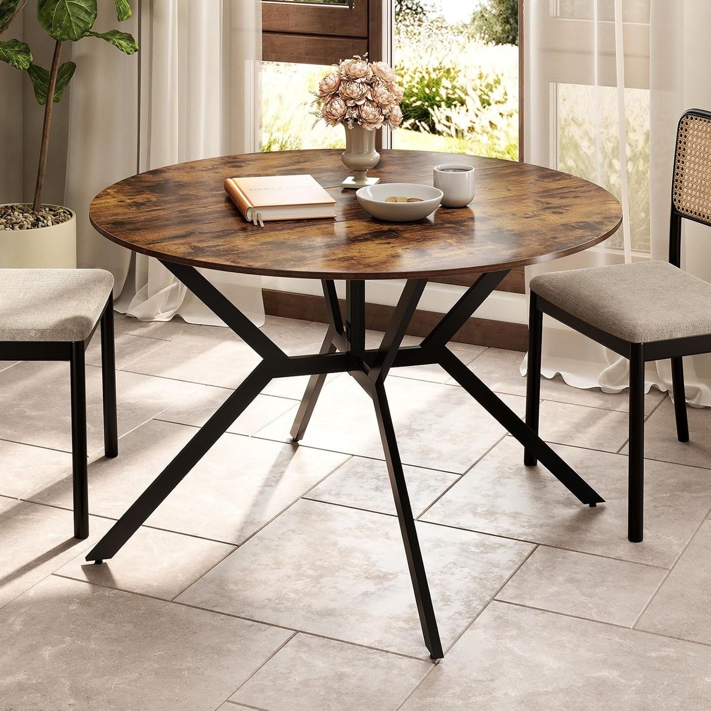 Sturdy Construction Round Brown Folding Dining Table